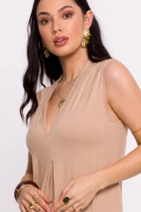 BEŻOWA SUKIENKA WISKOZOWA MAXI Z ZAKŁADKĄ