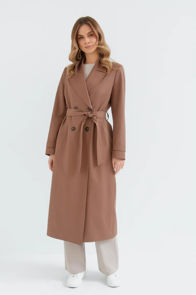 karmelowy płaszcz damski trencz przód